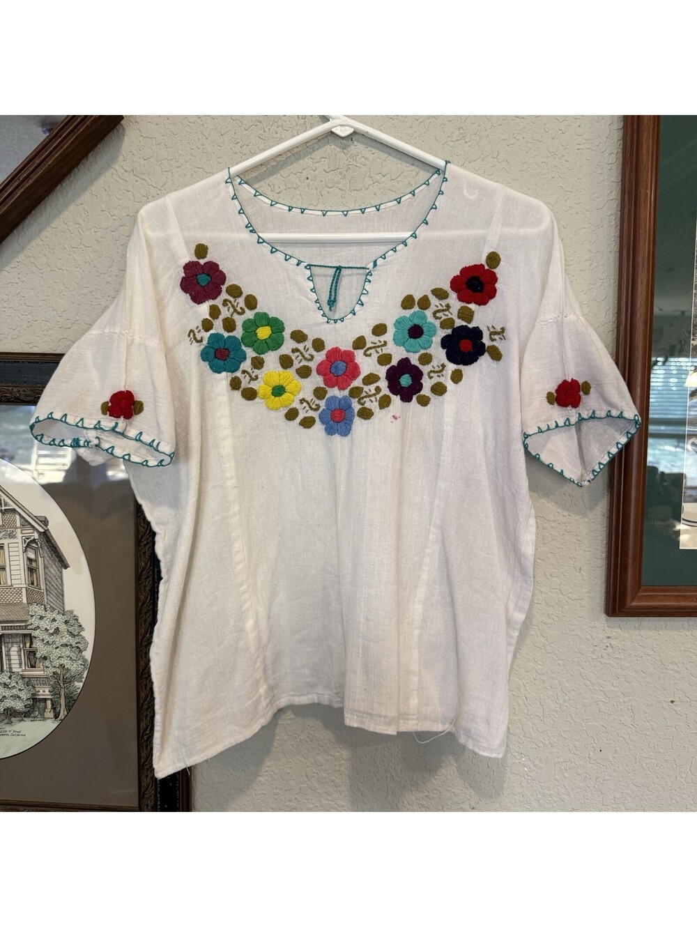 Vintage 60s/70s RARE Floral Embroidered Disco Linen Hippie Shirt Size Medium
